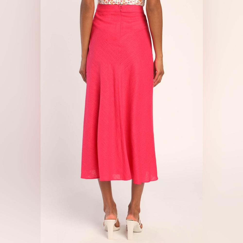 Lulus Pink Ruffle Midi Skirt Double Slit Large L Linen - Picture 3 of 8